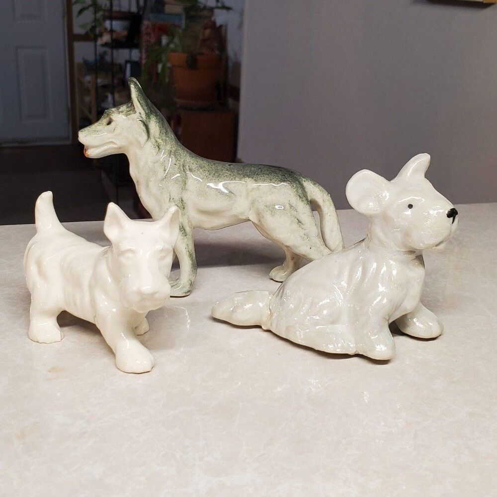 Vtg German Shepherd, Scottie Terrier Dog Figurines Porcelain Set 3 Flaws